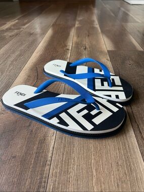 Fendi Blue and White Logo Flip Flops